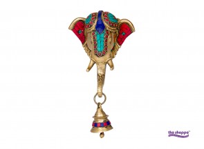 Brass Elephant Mask Wall Hanging With Bell With Stone Work
